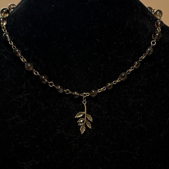 Natural Smoky Quartz Short Necklace, Genuine Gemstone + Cute Bronze Leaf Branch - Picture 3 of 14